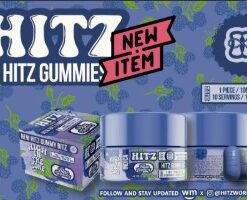 Hitz Blue Raspberry THC Gummies in vibrant blue packaging with juicy blue raspberry flavor, premium cannabis edibles