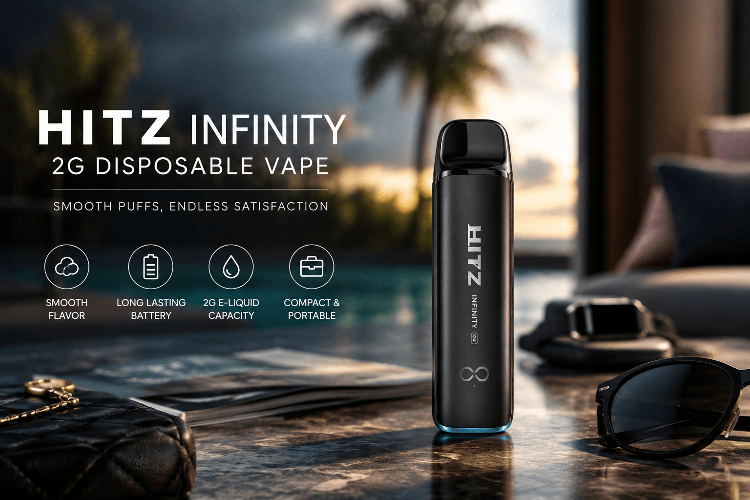 Hitz Infinity 2G Disposable Vape lifestyle introduction image, premium vape device on clean background