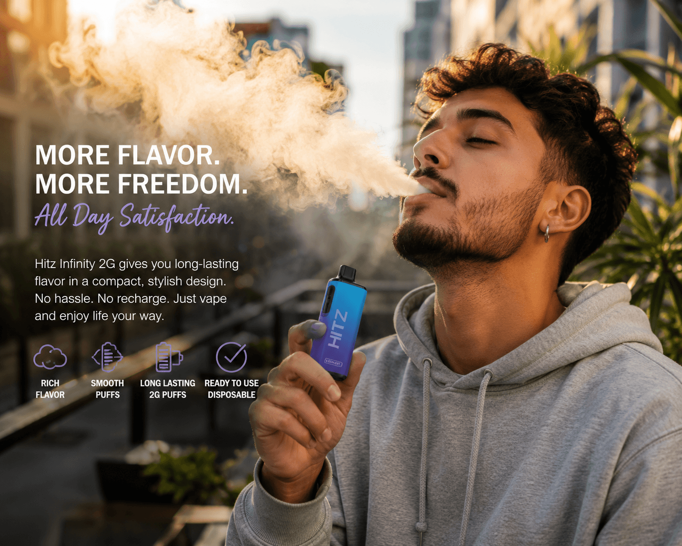 Person using Hitz Infinity 2G Disposable Vape outdoors, relaxed lifestyle vaping scene