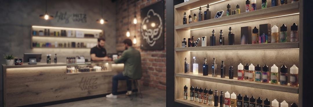  ⁠hitz vape shop faq background showing product display shelves and counter⁠